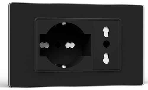 BSEED Presa Schuko e Presa Italiana, Prese Elettriche da Muro 10A/16A, Schuko con Pannello di Vetro, Presa Bipassa 118mm Nero