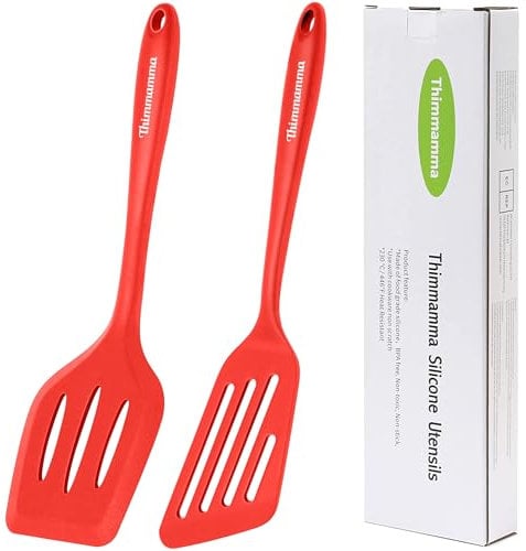 Spatulas for Cooking, 2 Pack Red Solid Silicone Spatula High Heat Non-Slip Grip Slotted Spatula Set Kitchen Turner, Heavy Duty Large Flexible Silicone Spatula Easy to Clean for Cooking Fish Pancakes
