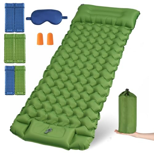 TOSZOLY Matelas Camping, Matelas de Camping Gonflable avec Oreiller Intégré et Pompe à Pied, Matelas Gonflable Résistant à l'eau, pour Plage, Voyage, Tente (200 x 66 x 9 cm, Vert Olive)