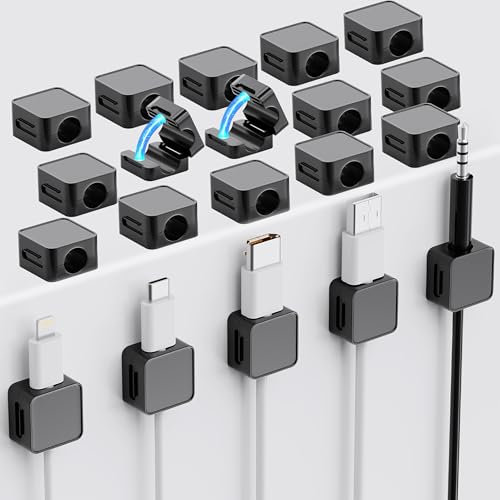 Lakeronelove 20 Pcs Magnetic Cable Organizer, Self-Adhesive Cable Holders, Adjustable Cable Organizer for Desk/Nightstands/Charging Cables/HDMI/USB-Black
