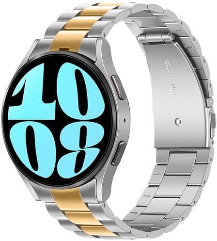 Anlinser No Gap Straps Compatible with Samsung Galaxy Watch 7/6 Strap 44mm 40mm, 20mm Metal Band Designed for Galaxy Watch FE/6 Classic 47mm 43mm/5/5 Pro/4/4 Classic, Silver-Gold