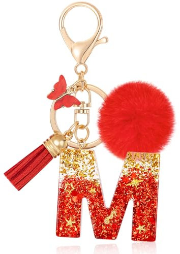 MWOOT Initiale Letter Keychains Porte Clé Lettre M,Alphabet Initial Keyring avec Papillon Pompon Pendentif,Rouge Feuille D'or Key Ring pour Femmes Portefeuilles Sac à Main Bagages Charme(M)