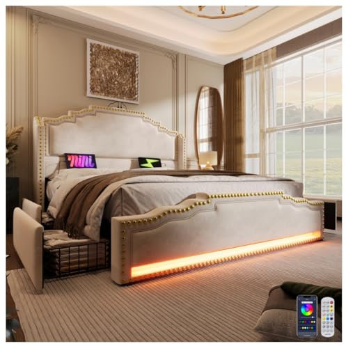 Seyakany Lit 160×200 avec sommier, lit Coffre avec 4 tiroirs, lit Double avec éclairage LED et Port de Charge USB-C, Velours, Beige, sans Matelas