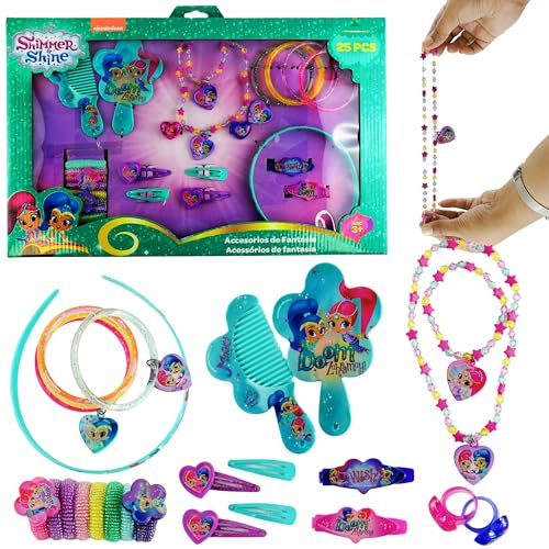 Shimmer and Shine 25-Piece Hair Accessories Set for Girls – Includes Hair Clips, Bobbles, Elastic Bands & Ties – Birthday, Toy Set, Craft Kits for Kids Ages 3+