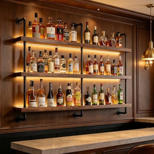 FKKPRVAX 120CM Großes Weinregal Wand Massivholz, 3 Ebenens chwebendes Flaschenregal im Industrie-Stil, Multi funktionaler Weinpareite Display Rack für Bars, Weinregal Wand Restaurants und Zuhause