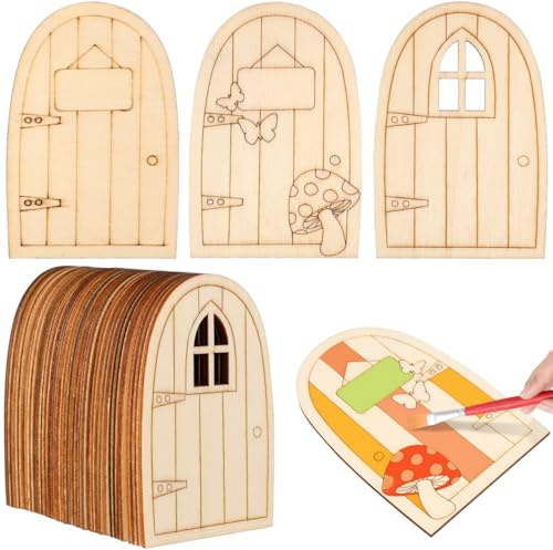 PartyKindom 36Pcs Mini Wooden Fairy Doors Unpainted Craft Ornaments with Rounded Corners for Garden Decorations Fairy Garden Accessories DIY Home and Office Decor