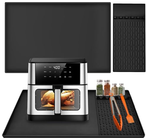 Cyiecw Hitzebeständige Unterlage 60 x 40cm, Hitzeschutzmatte für Luftfritteuse mit Abnehmbarem Küchenzubehör Silikonmatte, Rutschfeste Unterlage für Kaffeemaschine, Schutz für Küchenarbeitsplatten