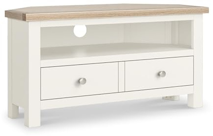 RoselandFurniture Farro Coconut White 90cm Corner TV Unit for Living Room | Fully Assembled, Television Cabinet with Washed Oak Top, Painted Finish, Suitable for 40 Inch Screen, Farmhouse Style