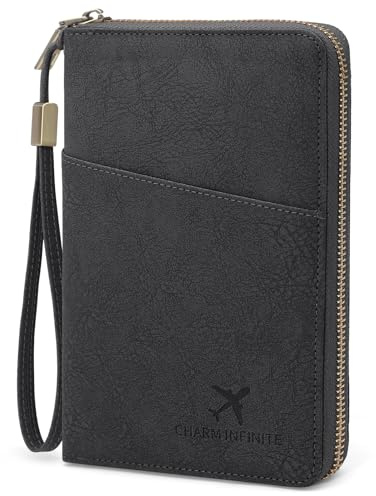 GOUNNU Protège Passeport, Porte Passeport Cuir PU mit RFID-Blocker Zippé et Portefeuilles Pochette Passeport pour Passeports Familial, Cartes de Crédit, Documents de Voyage (Noir)