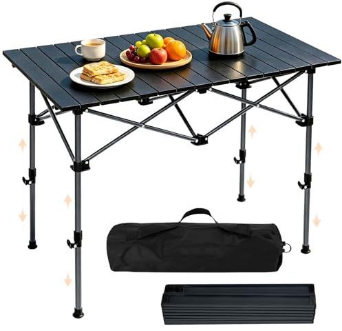 PQETBV Tavolo da Campeggio Pieghevole 95 x 55 cm, Tavolino Portatile Pieghevole Altezza Regolabile 50-80 cm, Peso Massimo 60 kg da Giardino Picnic Barbecue Pesca