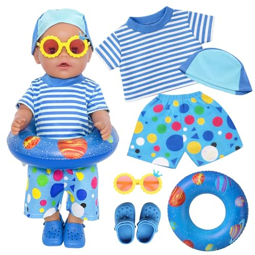Zouonou 6 Stück Schwimm-Set für Puppen, Maritimes Blaues Motiv Badeanzug Set Puppenkleidung Sommer Schwimmset mit Badekappe, Schwimmring, Schuhe und Sonnenbrille für 35 - 45 cm Schwimmpuppe