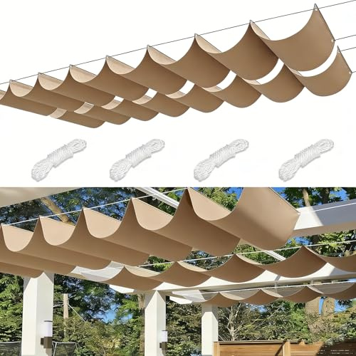Rétractable Vague Toile D'ombrage Rectangulaire Imperméable Voile Ombrage Filet D'ombrage Bâche Ombrage Protection UV Solaire pour Jardins Balcons Terrasse Pergola 4x8M Kaki