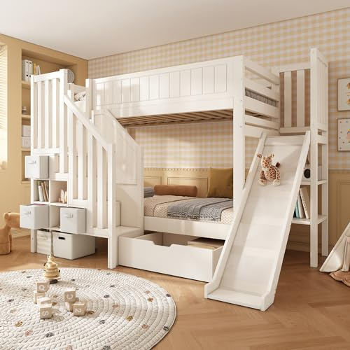 Yihomfy Lit Superposé Enfant 90 x 200 cm, Lit Mezzanine 2 Places 90 x 200, Lit Cabane Multifonctionnel avec Escalier, Placards de Rangement et Toboggan, sans Matelas, Barrières de Sécurité, Blanc
