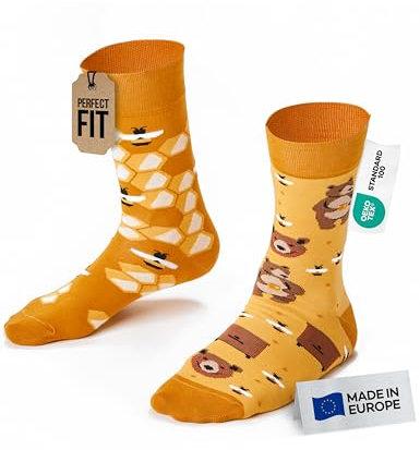 Many Mornings - Mismatched Socken - Lustige Socken Unisex - Socken Bären - Geschenkidee - Design: Honey Bear - Made in EU - 39-42