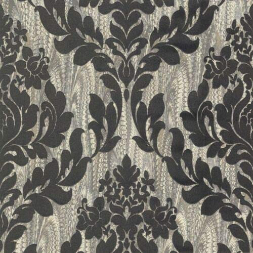 1602-101-04 - Avington Soft Flock Damask Black Silver 1838 Wallpaper