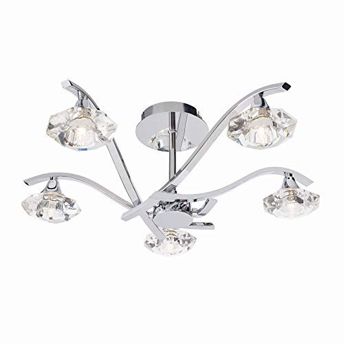 Luna Decorative Silver Chrome 5 Way Branch Arm Semi Flush Pendant Ceiling Light with Clear Crystal Glass Shades 550mm