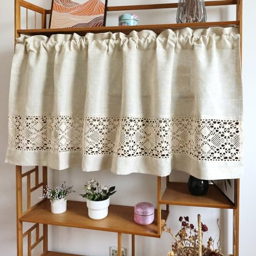 choicehot Gehäkelte Spitze Kurzstores Bistrogardine Kurzvorhang, Landhaus Scheibengardine, Küchenvorhänge, Vintage Baumwoll und Leinen Gardinen, Kurz Kleine Fenster H×B: 60×140cm 1 Stück