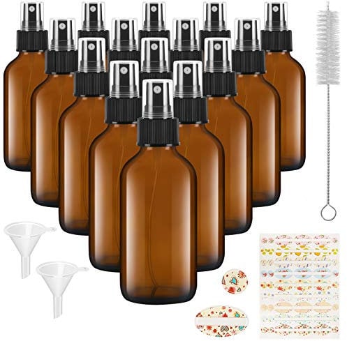 SHOWFULL 15pcs Amber Glass Spray Bottles, 4oz/120ml, Leak-proof, UV Protection, Reusable, Set of 15 with 2 Funnels, 54 Labels and 1 Brush for Essential Oils, Cleaning Products, Beauty Products
