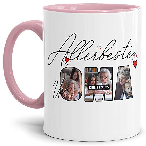 Tassendruck Fototasse mit Spruch - Allerbeste Uroma - zum Selbst gestalten mit Foto-Collage für 3 Fotos, Innen & Henkel Rosa, 300 ml