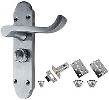 Golden Grace Epsom Design Victorian Style Bathroom Door Handles on Shaped Backplate in Satin Brushed Chrome, Internal Pack with Hinges and Latches, Privacy Set - 168mm x 40mm