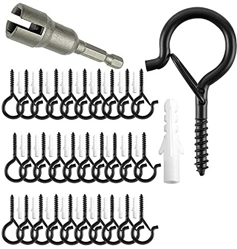 TAIHUIMY Screw Hooks Q-Hanger Hooks for Outdoor String Lights, Christmas Rope Lights Clips, Wall Cabinet Ceiling Eye Hook with Safety Buckle for Wire Party Light Plants Wind Chimes (Black, 30PCS)