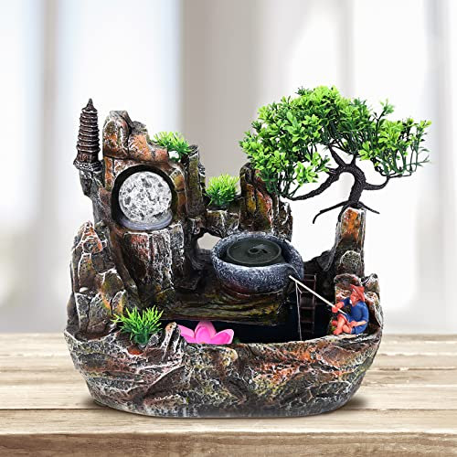 30 x 18 x 26 cm, fuente de agua con iluminación en cascada, fuente de mesa, jardín de piedra, fuente de agua, fuente de agua para jardín con pulverizador