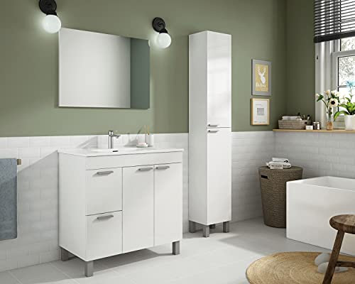 Dmora Mobile sottolavabo Lakewood, Mobiletto per Bagno, Armadio a 2 Ante e Due cassetti con Specchio, lavabo Non Incluso, 80x45h80 cm, Bianco Lucido