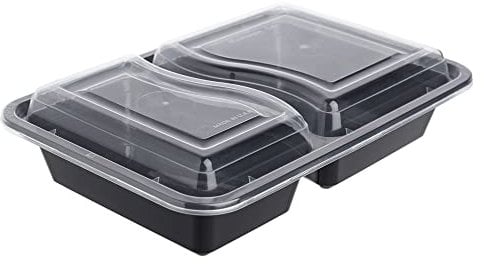 STACKABLES - 10 Pack Solid Plastic Rectangular Black Food Containers with Clear Lids ~ BPA-Free ~ Microwave, Fridge, and Freezer Safe ~ Reusable Meal Prep Storage Deli Containers (32oz 2 Compartments)