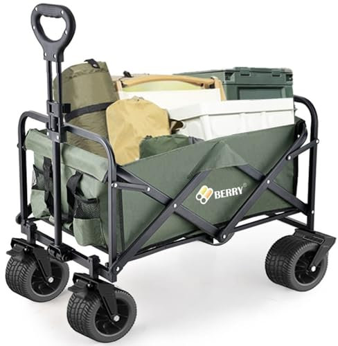 Berry 150KG Capacity Heavy Duty Foldable Utility Wagon - Green Collapsible Cart with Adjustable Handle, All-Terrain Wheels, & Sturdy Frame for Camping, Beach, Shopping