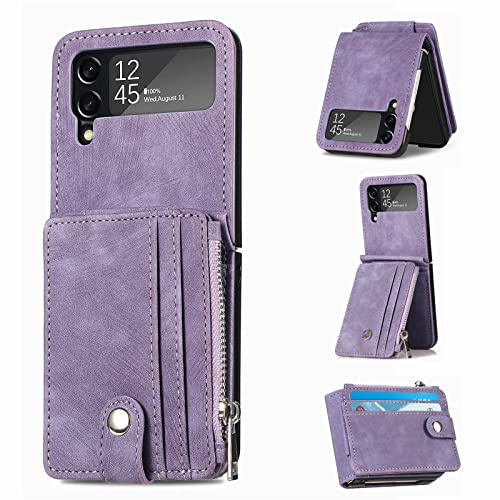 Shinyzone Brieftasche Handyhülle für Samsung Galaxy Z Flip 3 5G, PU Leder 2 in 1 Magnetic Abnehmbarer Kartenhalter Reißverschluss Tasche Cover für Galaxy Z Flip 3 Hülle mit Ständer, Braune Ball