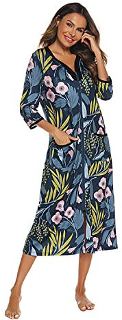 Verve Jelly Womens Zip Up Robe Long Robe Full Length Bathrobe Long Sleeve House Coat Loungewear with Pockets Navy Blue M