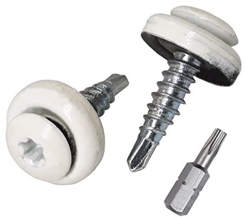 SKIR'CO (200 Stück) Dachschrauben 4,8 x 20 mm Lackierte selbstbohrende Schrauben mit EPDM Unterlegscheiben, Torx Kopf (Reinweiß RAL 9010)