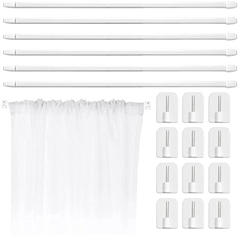 6 Piezas Barra de Cortina Ajustable, de Plástico. Barra Autoadhesiva y Extensible, con 12 Ganchos, para Ventanas Puertas Armarios 39.8 - 69.9cm (Blanco)