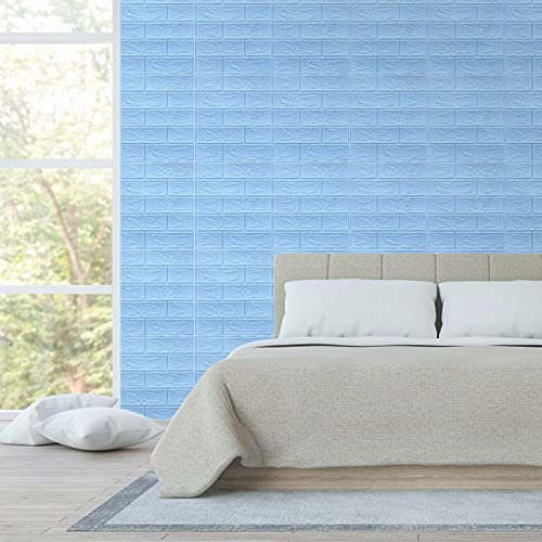 Stickers Muraux Brique Mousse De PE 3D Wallpaper Pierre en Relief De Brique,Autocollant Papier Peint 3D Brique de Pierre Amovible Décoradif Imperméable Auto-Adhésif 1-Bleu ciel 30x38cm