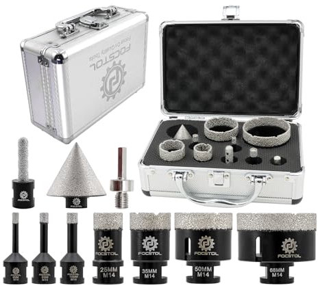 FOCSTOL Foret Diamant Carrelage Kit - 10 pièces (6/8/10/25/35/50/68mm+10mm Fraise+50mm Mèches Chanfrein Biseautées+Adaptateur Hexagonal) Scie Cloche Diamantée pour Porcelaine Carrelage Marbre Granit