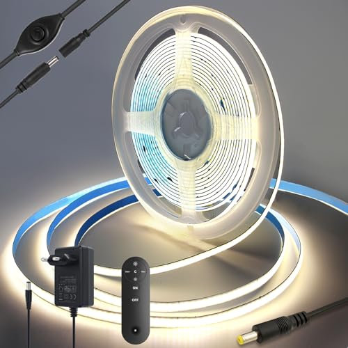 Yamlten LED strip 3m 12V COB LED Streifen mit RF Fernbedienung, Netzadapter,4000k Middium Weiß,320 LEDs/M Dimmbar LED Strip,LED Band für TV Hintergrundbeleuchtung,Computer,Schrank,Schlafzimmer.