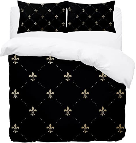 Parure de lit simple avec housse de couette et taies d'oreiller en microfibre douce Motif fleur de lys Doré