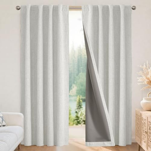 Joydeco 100% Verdunkelungsvorhänge, 228.6 cm lang, natürliche Leinenvorhänge, 2 Paneele, Set, Burg für Schlafzimmer, Wohnzimmer, verdunkelnder Vorhang, Stangentasche (132.1x228.6 cm, grauweiß)