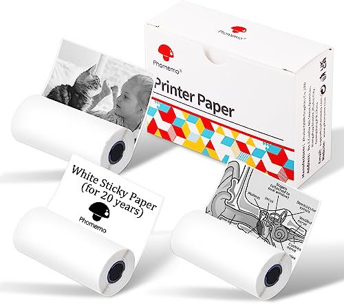 Phomemo Papier 20-jähriges weißes selbstklebendes Papier, M02/M02Pro/M02S/M03/M03AS/M04S/M04AS Mini Drucker Papier, Mini Pocket Thermal Pinter Papier, 3 Rollen