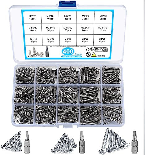 400 Stk Selbstschneidendes Schrauben-Sortiment-Set, Edelstahl-Senkkopf-Torx-Selbstbohrschrauben-Set, Holz-Trockenbauschrauben mit Bohrer-M3/M3,5/M4, 12/16/20/25/30/35mm (Silber)