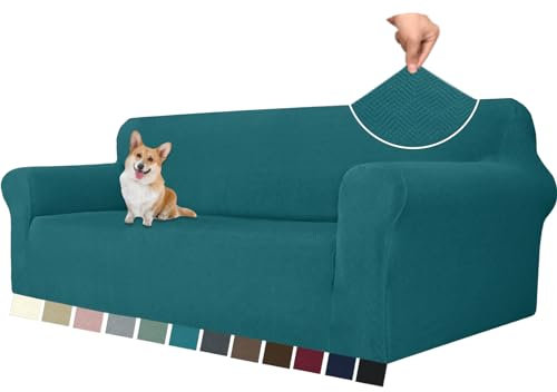 YSTELLAA Stretch Sofa Überzug 4 Sitzer, Sofaschoner rutschfest Mit Armlehne, Universal Jacquard Sofabezug, Waschbare Sofa Cover, Dicke Sofabezug Für Hunde Katzen Und Haustiere, Dunkelgrün