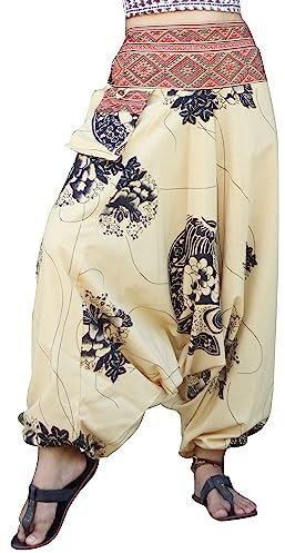 RaanPahMuang Premium Cotton Yoga Harem, Boho Pants for Women, with Side Pocket, Hippy Baggy Tribe Pants, Striped Cotton - Fish Floral - Bisque Cream, Medium/Large