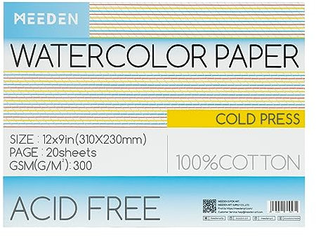 MEEDEN Aquarellpapierblock, 100% Baumwolle, Aquarellpapierblock mit 20 Blatt, 300gsm, säurefreies Kunstpapier für Aquarell, Gouache, Tinte und mehr, 22,9 x 30,5 cm, Kaltpresse