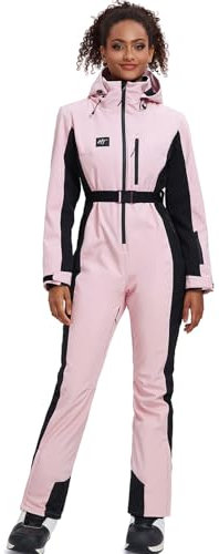 HOTIAN Damen Skianzug Damen Einteiler Skioverall Winter Warme Schnee Skifahren Winddicht Wasserdicht Outdoor Schneeoverall Jumpsuit Mit Kapuze Verdicken Schneeanzug Ski Suit Pink M