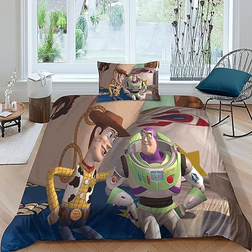 HITBOD Toy Story Woody Buzz Lightyear Bettbezug Set 3D Animierte Charaktere Bettwäsche Set Chic Betten Set Weich Microfaser Mit Kissenbezug 3teilig Single（135x200cm）