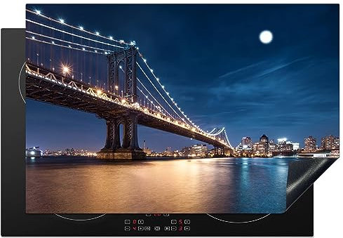 KitchenYeah© Herdabdeckplatte Einteilig Küche Herdabdeckung Induktionsfeld Ceranfeld Herdabdeckplatten Vinyl Matte Aufrollbar Brücke - Licht - Abend - See - Blau - Stadt - 76x51 cm