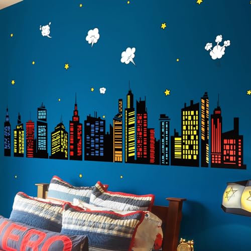 decalmile Wandtattoo Buntes Stadt Skyline Jungen Wandaufkleber Gebäude Scherenschnitt Sterne Wandsticker Babyzimmer Kinderzimmer Schlafzimmer Wanddeko