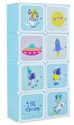 GYMAX Cartoon Clothes Closet, Portable Kids Wardrobe with Hanging Section, Children Storage Unit for Bedroom Nursery (Blue, 8 Cubes Space: 74 x 36 x 144cm)