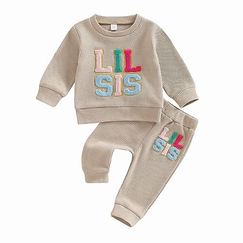 Yassiglia Baby Mädchen 2 Stück Outfit Schwester Matching Kleidung Set Kleinkind Mädchen Jogginganzug Big/Little Sister Muster Waffel Sweatshirt + Hose
