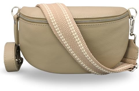 ADEL Bauchtasche Damen Echtleder Emma Silber Handgemachte Umhängetasche Crossbody Bag mit Optionalen Breiten Gemusterten Riemen Stylische Hüfttasche Made in Italy (Taupe-Silber 3, Medium)